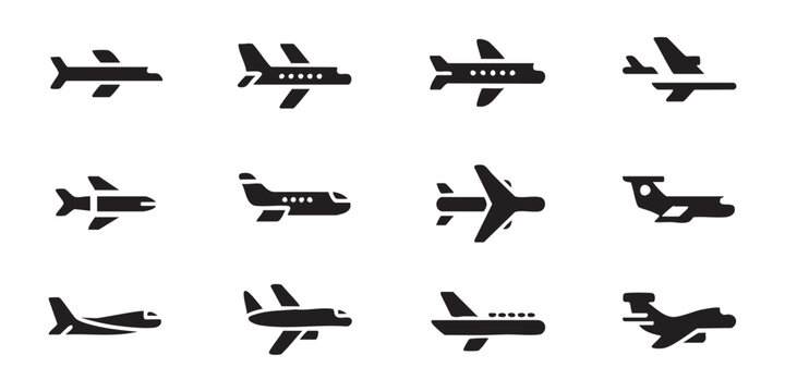 Set of aircraft side view silhouette icons for travel aviation logistics transport flight design.
