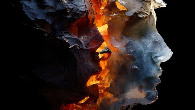 Split personality concept with contrasting emotions fiery passion versus calmness abstract human face