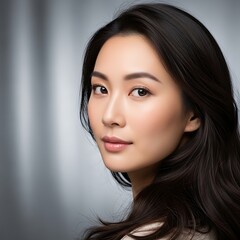 Naklejka premium Elegant Young Asian Woman Looking at Camera in Soft Studio Portrait