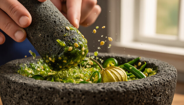 Close up of hands using a stone pestle to crush fresh green chili peppers and tomatillos in a traditional black mortar with flying juices and seeds in motion