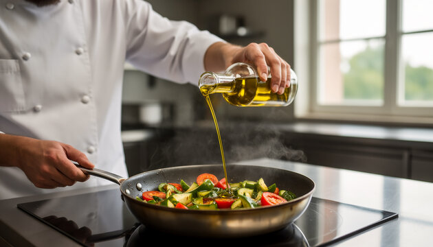 Professional chef pouring organic olive oil from a glass bottle into a hot frying pan with colorful Mediterranean vegetables in a modern commercial restaurant kitchen