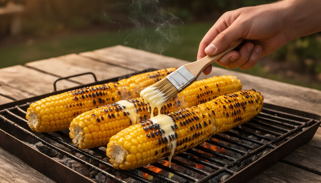 Hand using a wooden pastry brush to spread melted butter onto golden sweet corn cobs grilling on an outdoor barbecue charcoal grid with light smoke and embers