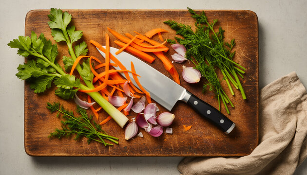 Top view of a sharp stainless steel chef knife with chopped fresh orange carrots red onions and green celery on a rustic dark wooden cutting board background