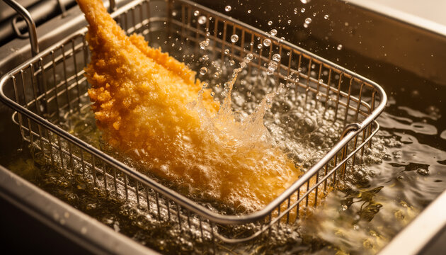 Crispy golden battered chicken leg being submerged into hot boiling oil in a deep fryer wire basket with heavy bubbling and dynamic splashes in a kitchen