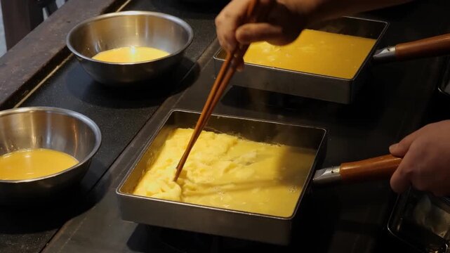Close-up shot of a professional chef&rsquo;s hands using chopsticks to skillfully roll layers of beaten egg in specialized rectangular pans (makiyakinabe) to create Tamagoyaki. This footage showcases the tr