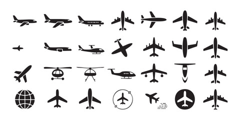 Aviation icons featuring planes helicopters and globes for international air travel transport map. © Mohammad
