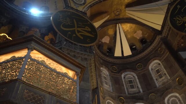 Interior of Sultan Ahmed Mosque Blue Mosque in Istanbul with Historic Ottoman Islamic Architecture and Illuminated Prayer Hall