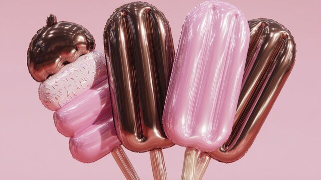 Pink and gold ice cream balloons float against soft pink background. Sweet treats look inviting with glossy, shiny surfaces. Ideal for desserts, summer parties, or fun promotional visuals