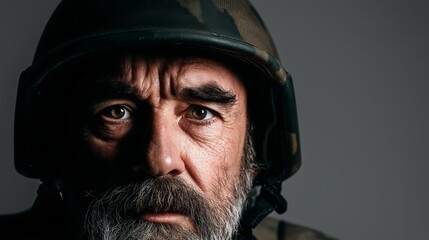 Fototapeta premium Older man with a beard and helmet, his face strongly lit, showing an intense, serious gaze, embodying experience and resilience