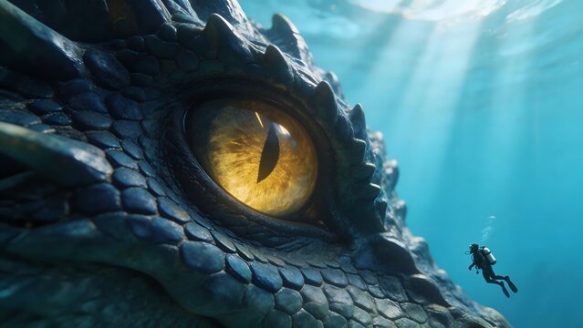 Giant creature eye and diver underwater