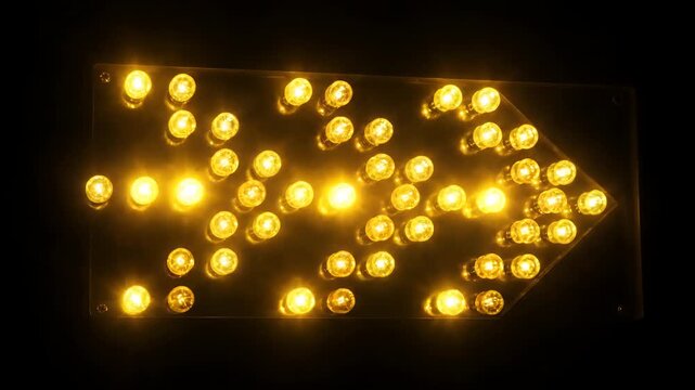 Bright Yellow Arrow Sign Illuminated with Numerous Lights at Night.