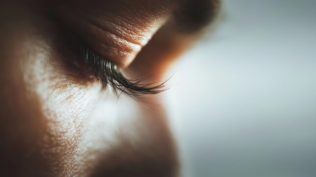 Human eye extreme macro focusing on detailed eyelashes and skin texture. Soft lighting illuminates the delicate features with a neutral tone