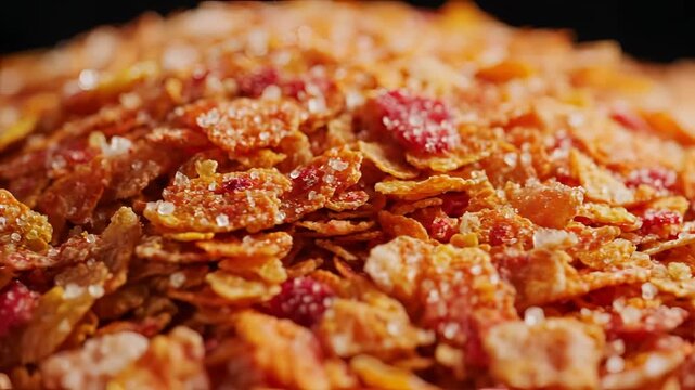 Closeup Macro Shot of Crunchy Cereal Flakes with Red Berry Pieces.