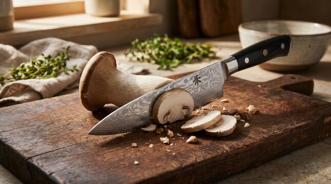Slicing fresh king oyster mushroom with sharp damascus steel knife on wooden cutting board