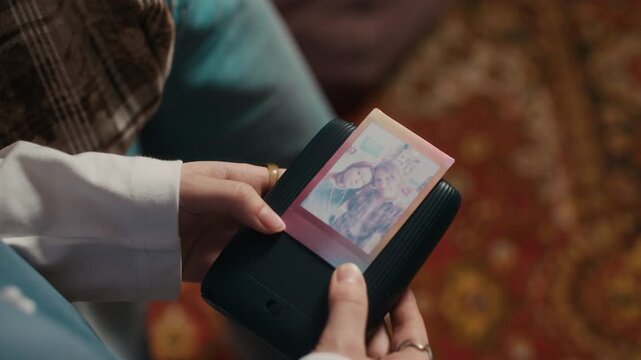Closeup of two young female friends looking at printed selfie photo made with portable instant printer at home