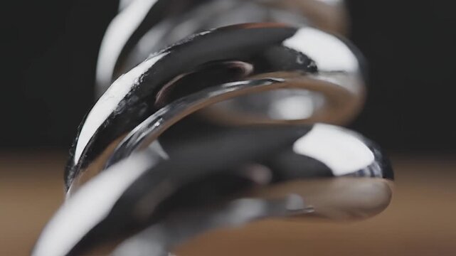 Closeup of a shiny chrome twisted metal sculpture reflecting light.