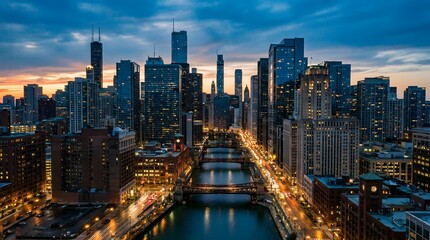 Obraz premium Modern Chicago City Skyline at Sunset with River and Skyscrapers