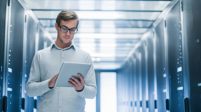 IT engineer managing data center servers using digital tablet, ensuring network infrastructure security and cloud computing operations