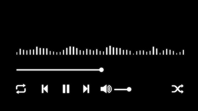 White flat audio player interface panel with jumping waveform equalizer, sound timeline progress bar and navigation control buttons. Clean design UI element on a transparent alpha channel background