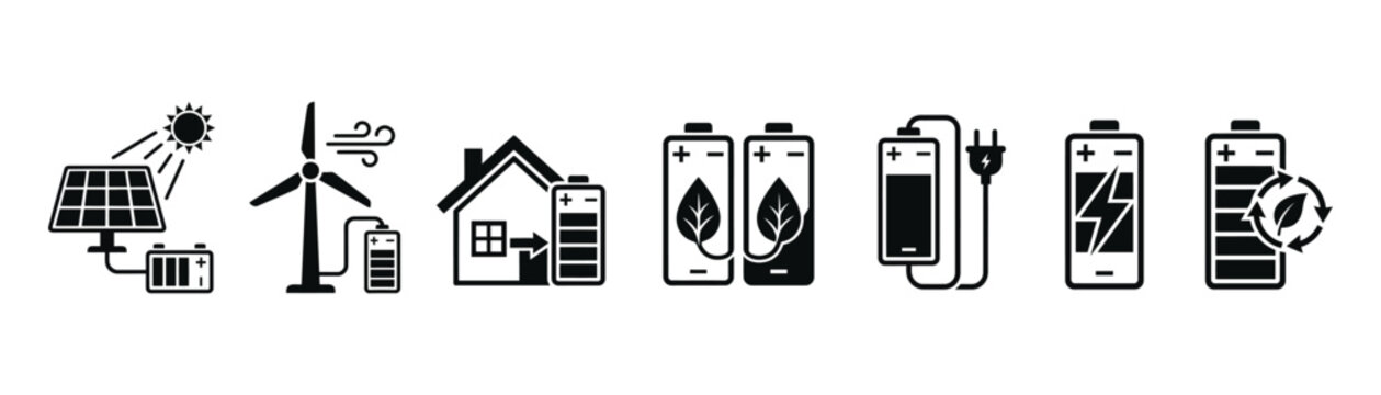 Renewable energy icons including solar panel wind turbine and battery storage for sustainable power.
