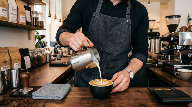 Professional male barista in a black apron pouring steamed milk from a metal pitcher to create latte art in a cozy modern coffee shop counter
