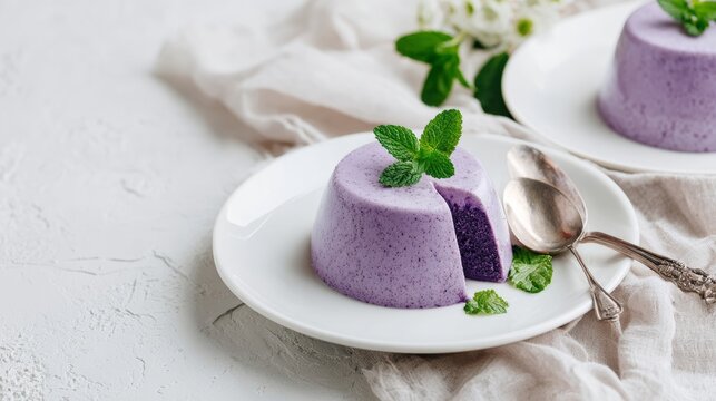 Purple panna cotta dessert presenting a creamy texture, garnished with fresh mint leaves and served on white plates