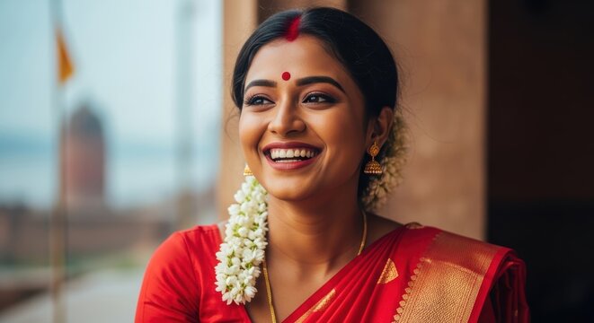 Ecstatic joy of a Bengali woman in red sari with jasmine flowers and traditional jewelry