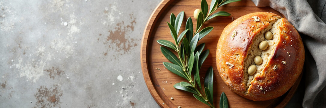 Freshly baked bread with olive stuffing on wooden board and green leaves beside it. This bread includes plump olives bursting with flavor, creating a perfect addition for any dining table.