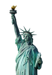 Fototapeta premium Close-up of the Statue of Liberty with weathered green patina, luminous golden torch, tablet 'JULY IV MDCCLXXVI', radiant seven-ray crown on white background. Iconic symbol of liberty