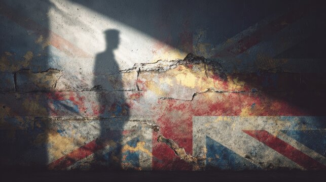 Soldier shadow walking on a decayed wall with Union Jack flag texture, reflecting conflict and history