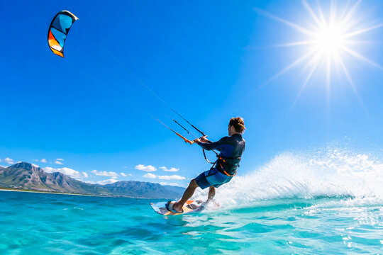 Man kitesurfing on turquoise ocean water under bright sunny sky during tropical summer vacation