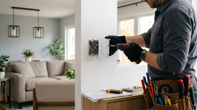 Professional male electrician installing a smart modern light switch plate on a wall using a cordless drill driver tool in a residential apartment living room renovation