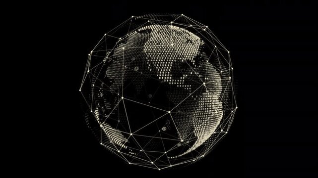 Seamless 3D Data Globe Loop - rotating earth with alphanumeric data. Works in any aspect ratio: 16:9, 9:16, 1:1. Gold tone. Screen/Add blend mode ready. Fintech, cybersecurity, global tech.