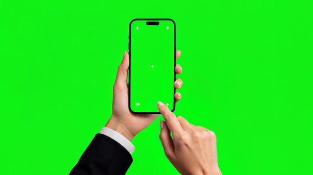 Businesswoman Hand Tapping Smartphone Screen with Tracking Markers on Green Screen Background Chroma Key Device Mockup