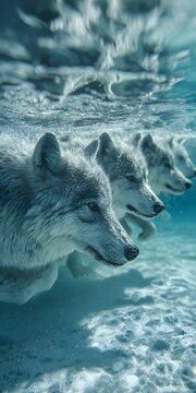 Surreal digital illustration of a pack of white wolves swimming underwater in clear blue ocean with sandy seabed and surface ripples