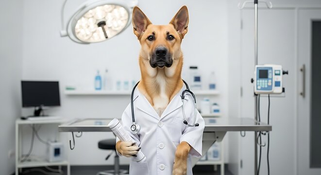 German Shepherd Dog Wearing White Veterinarian Coat in Modern Animal Clinic