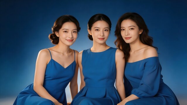 Three women in blue dresses posing