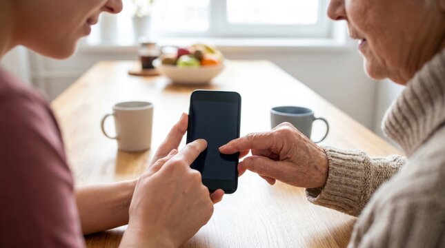 Two women of different generations looking at smartphone screen together at wooden table
