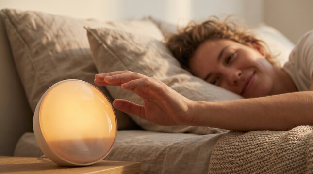 Smiling young woman waking up and turning off sunrise simulation alarm clock in bed