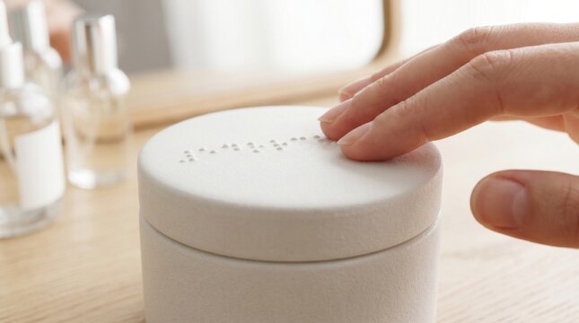 Visually impaired person hand reading braille dots on top of white cosmetic jar