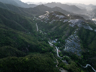 Fototapeta premium Aerial view of photovoltaic panels on terraced hills with winding roads and green forest landscape