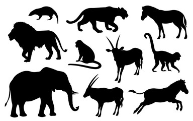 Obraz premium Animals of the savannah. Silhouettes of elephant, lion, puma, zebra, monkey, antelope. Design elements of African, tropical, savanna, jungle backgrounds and landscapes. Black isolated silhouette 