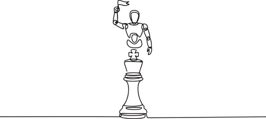 Continuous one line drawing robot waving flag on king chess piece metaphor of win competition. Humanoid robot cybernetic organism. one line art icon drawing vector © jinnatun