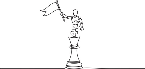 Continuous one line drawing robot waving flag on king chess piece metaphor of win competition. Humanoid robot cybernetic organism. one line art icon drawing vector © jinnatun