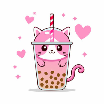 Cute Cat Bubble Tea Illustration