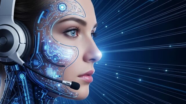 Futuristic ai cyborg woman with headset