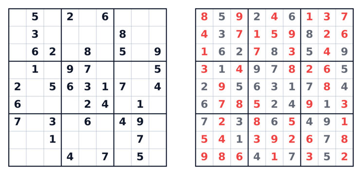 Sudoku puzzle grid with empty cells and completed solution layout  