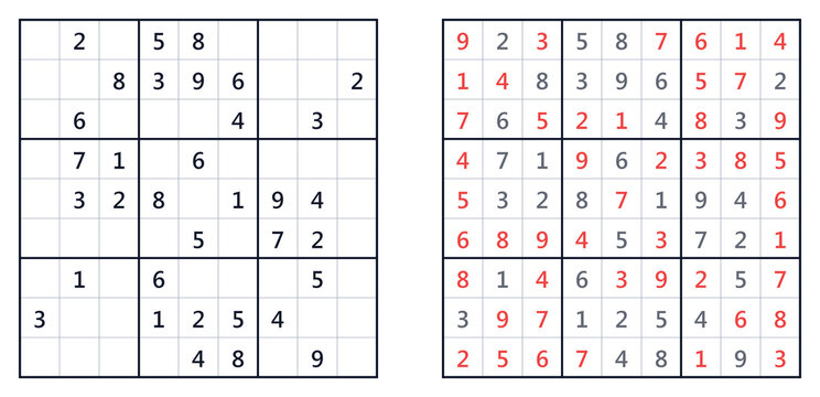 Sudoku puzzle grids featuring solved and unsolved games  
