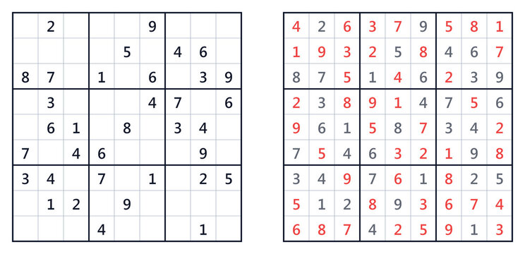 Sudoku puzzle grid with numbers in black and red on a white background  