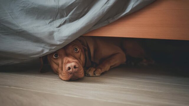 Vizsla dog hiding under bed, looking scared or anxious, domestic pet in bedroom at home